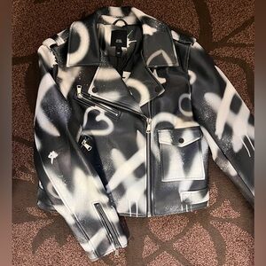 River Island Black & White Graffiti Leather Biker Jacket